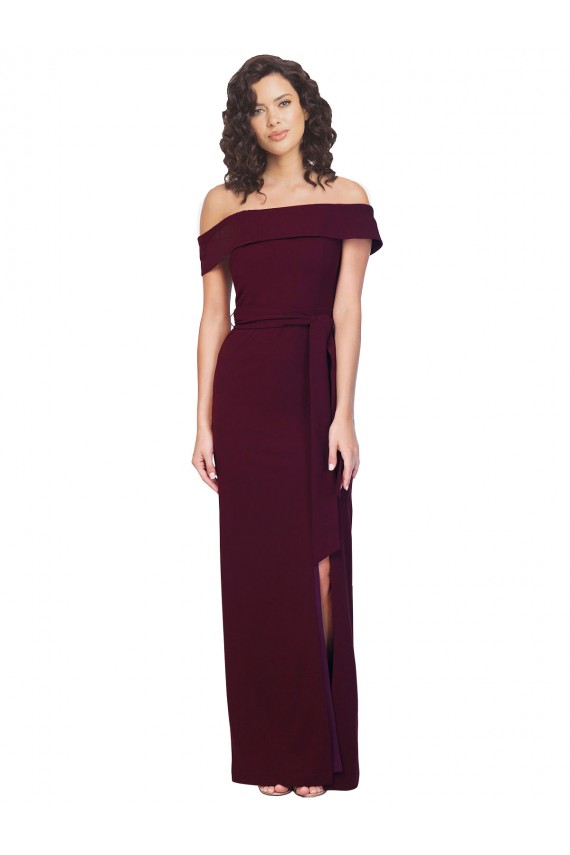 Sleeveless Square Neck Stretch Crepe Burgundy Gold Long Formal Evening Dress Canada Clearance