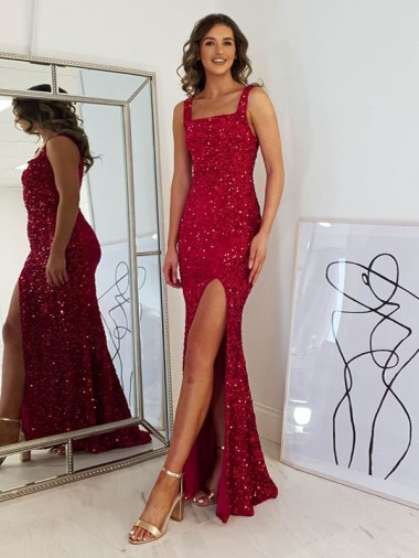 Sleeveless Square Neck Velvet Sequin Burgundy Long Evening Dress Canada Clearance