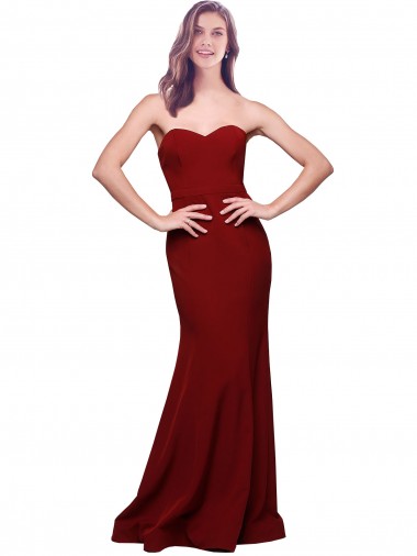 Sleeveless Strapless Stretch Crepe Burgundy Long Formal Evening Dress Canada Clearance