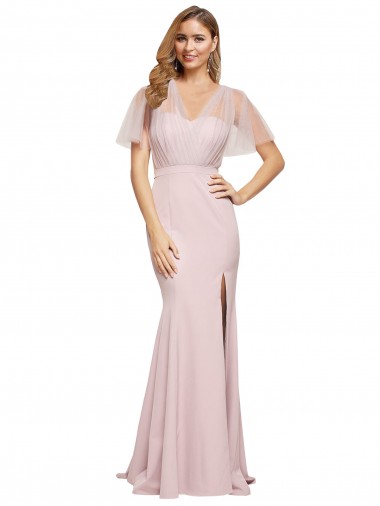 Short Sleeves Sweetheart Stretch Crepe & Tulle Mauve Long Formal Evening Dress Canada Clearance