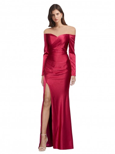 Long Sleeves Sweetheart Stretch Satin Dark Red Long Formal Evening Dress Canada Clearance