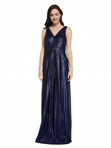 Sleeveless V-Neck Sequin Dark Navy Sheath Long Formal Evening Dress Canada Clearance