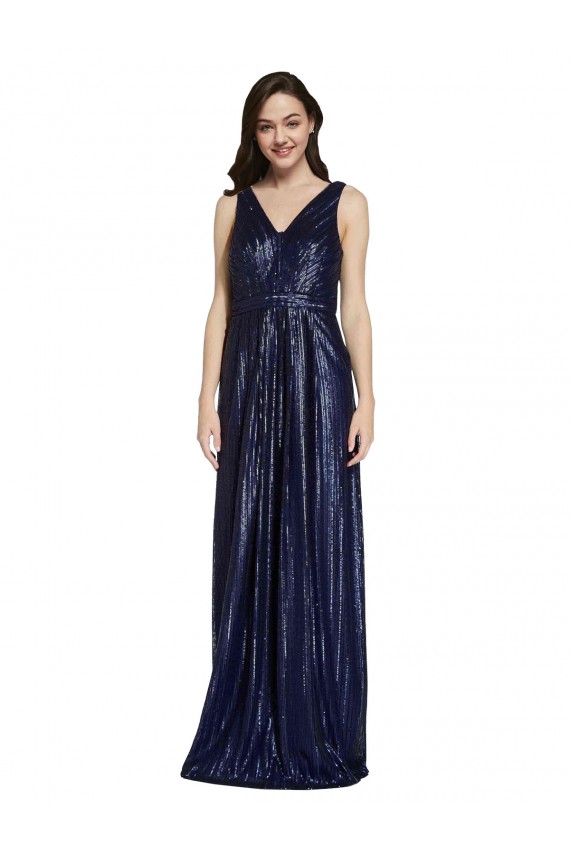 Sleeveless V-Neck Sequin Dark Navy Sheath Long Formal Evening Dress Canada Clearance