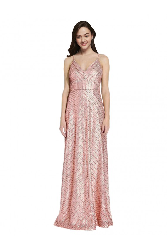Sleeveless V-Neck Sequin Rose Gold Long Formal Evening Dress Canada Clearance