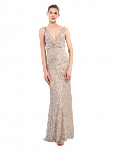 Sleeveless V-Neck Sequin & Sparkling Sequin Silver Long Formal Evening Dress Canada Clearance