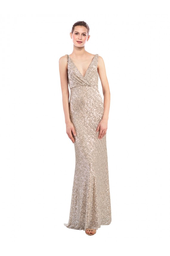 Sleeveless V-Neck Sequin & Sparkling Sequin Silver Long Formal Evening Dress Canada Clearance