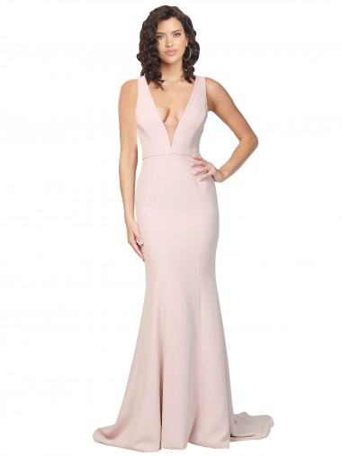 Sleeveless V-Neck Stretch Crepe Pink Sweep Train Black Tie Evening Dress Canada Clearance