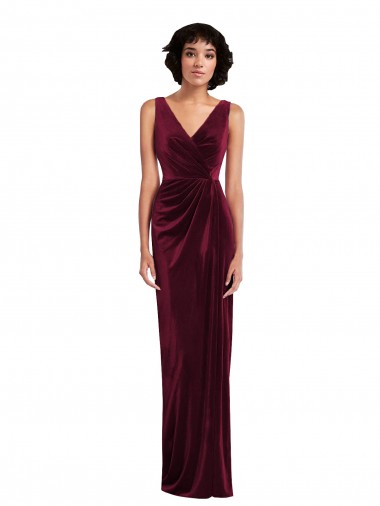 Sleeveless V-Neck Stretch Velvet Burgundy Long Semi Formal Evening Dress Canada Clearance