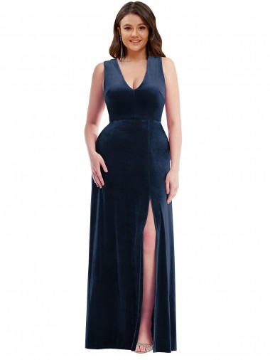 Sleeveless V-Neck Stretch Velvet Dark Navy Long Formal Plus Size Evening Dress Canada Clearance