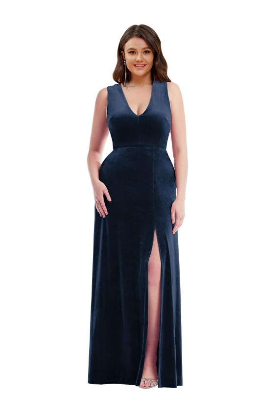 Sleeveless V-Neck Stretch Velvet Dark Navy Long Formal Plus Size Evening Dress Canada Clearance