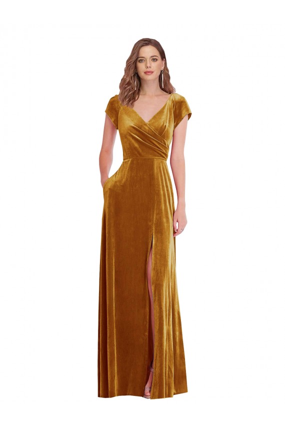 Cap Sleeves V-Neck Stretch Velvet Gold Long Formal Evening Dress Canada Clearance