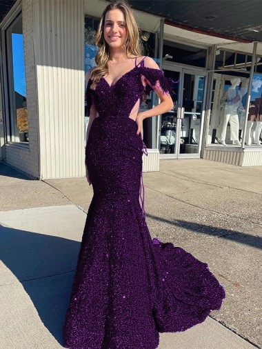Sleeveless V-Neck Velvet Sequin Plum Purple Court Train Evening Dress Canada Clearance