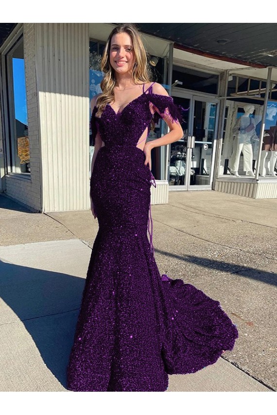 Sleeveless V-Neck Velvet Sequin Plum Purple Court Train Evening Dress Canada Clearance