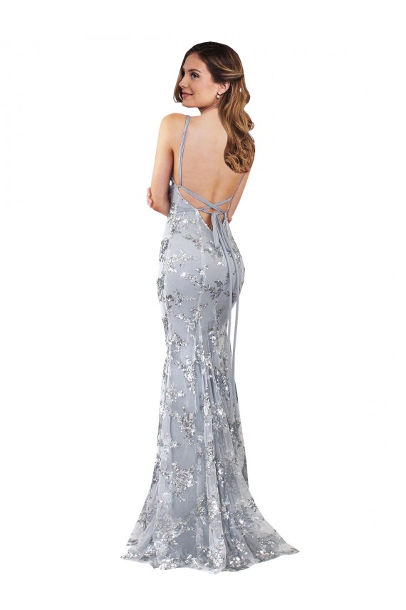 Sleeveless High Neck Stretch Crepe & Sequin Tulle Silver Long Formal Evening Dress Canada Clearance