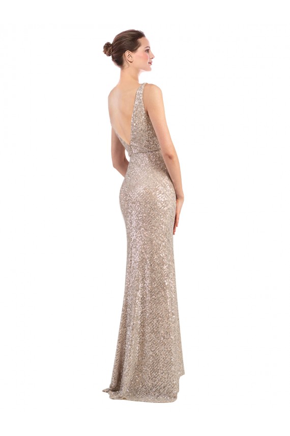 Sleeveless V-Neck Sequin & Sparkling Sequin Silver Long Formal Evening Dress Canada Clearance