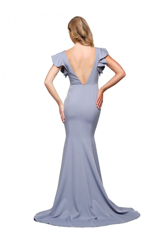 Sleeveless Round Neck Stretch Crepe Smoke Blue Sweep Train Formal Evening Dress Canada Clearance
