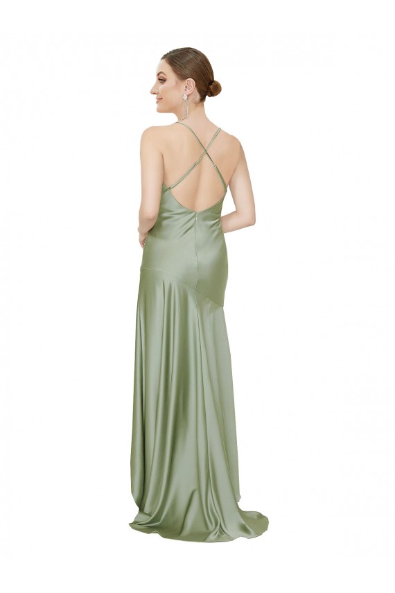 Sleeveless Cowl Neck Silky Satin Smoke Green Long High Low Evening Dress Canada Clearance