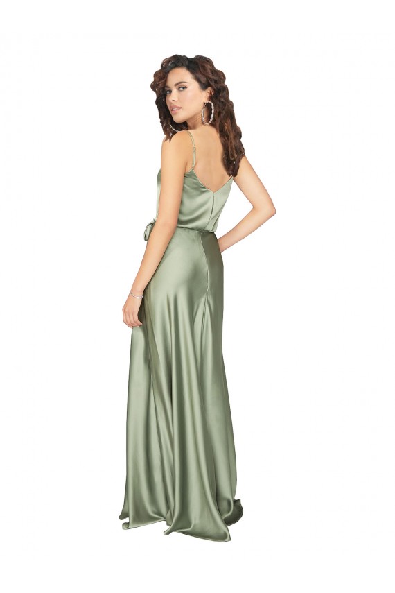 Sleeveless V-Neck Silky Satin Smoke Green Long Formal Evening Dress Canada Clearance