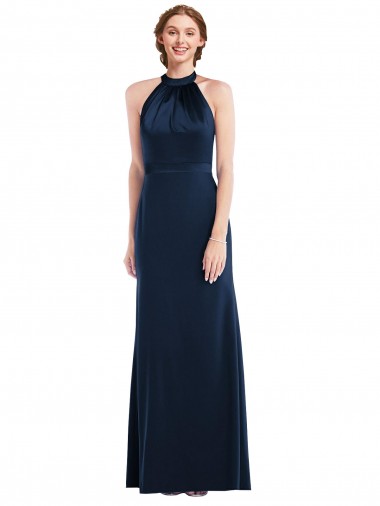 Sleeveless High Neck Stretch Crepe Dark Navy Long Semi Formal Evening Dress Canada Clearance