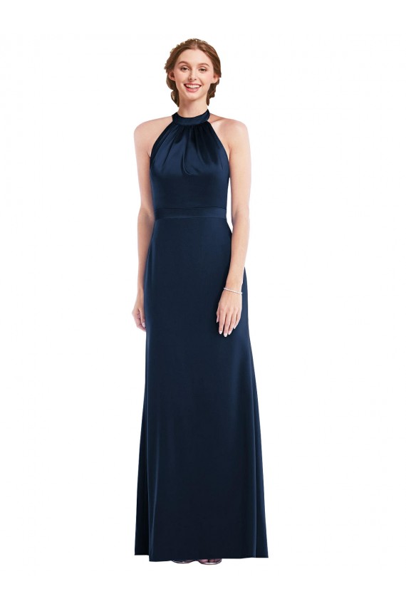 Sleeveless High Neck Stretch Crepe Dark Navy Long Semi Formal Evening Dress Canada Clearance
