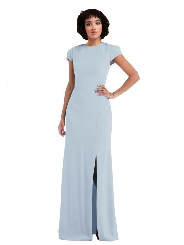 Cap Sleeves Jewel Neck Stretch Crepe Light Sky Blue Long Semi Formal Evening Dress Canada Clearance