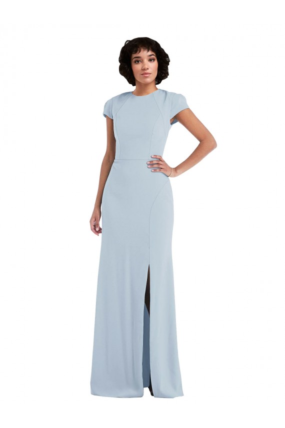 Cap Sleeves Jewel Neck Stretch Crepe Light Sky Blue Long Semi Formal Evening Dress Canada Clearance