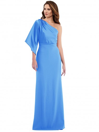 Bell Sleeves One Shoulder Stretch Crepe Peacock Blue Long Semi Formal Evening Dress Canada Clearance