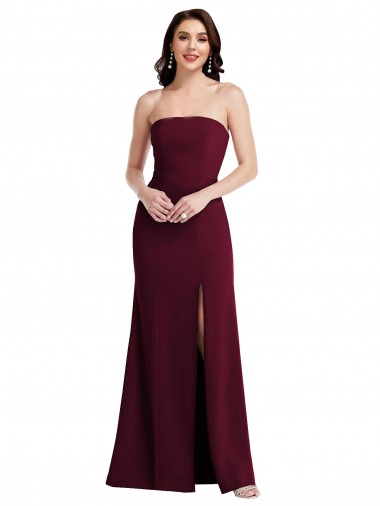 Sleeveless Strapless Stretch Crepe Burgundy Gold Long Semi Formal Evening Dress Canada Clearance
