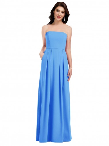 Sleeveless Strapless Stretch Crepe Peacock Blue Long Semi Formal Evening Dress Canada Clearance