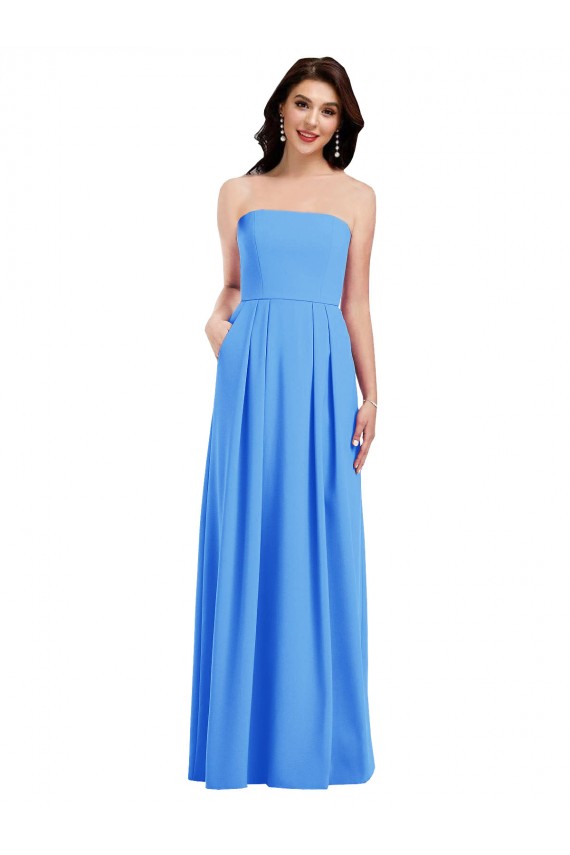 Sleeveless Strapless Stretch Crepe Peacock Blue Long Semi Formal Evening Dress Canada Clearance