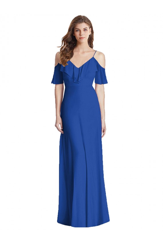 Cold Shoulder V-Neck Soft Chiffon Royal Blue Long Semi Formal Evening Dress Canada Clearance