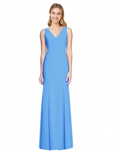 Sleeveless V-Neck Stretch Crepe Peacock Blue Long Semi Formal Evening Dress Canada Clearance