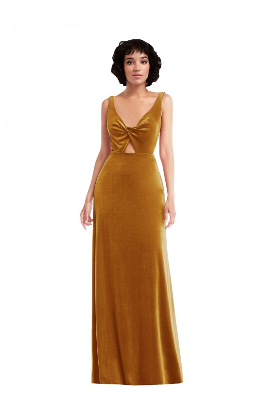 Sleeveless V-Neck Stretch Velvet Gold Long Semi Formal Evening Dress Canada Clearance